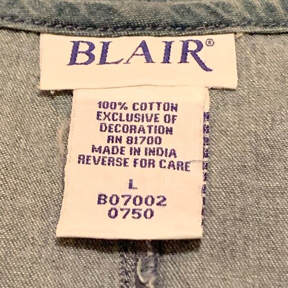 BLAIR Womens Dress Large 100% Cotton Denim Jumper Sleeveless Pockets Embroidery - Picture 2 of 10